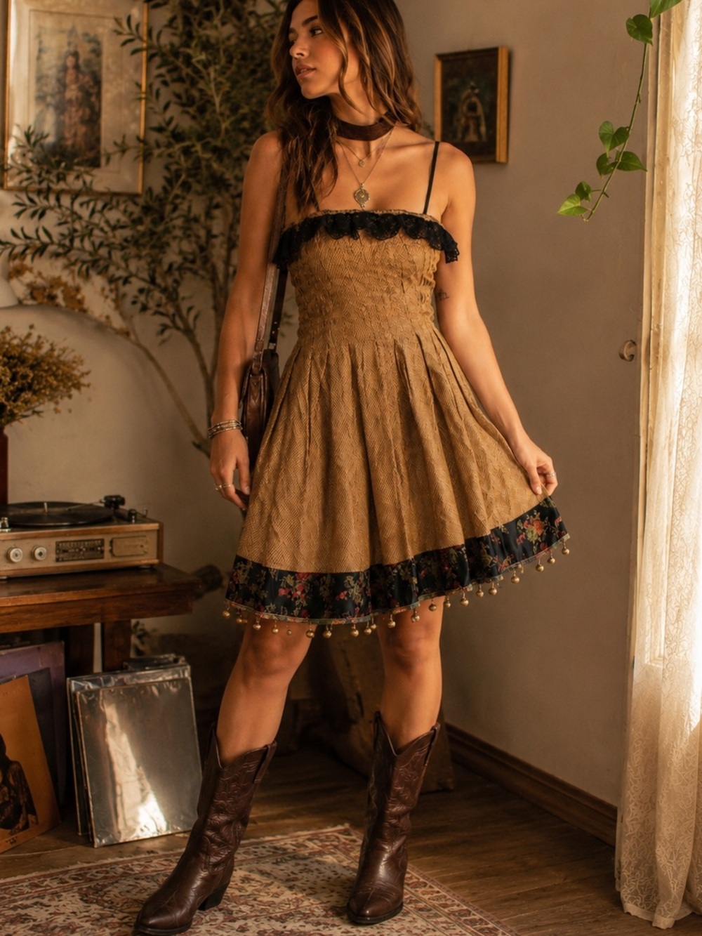 Handmade Boho Mini Dress Brown Black Lace Smocked Beaded Retro Festival Medium - Picture 7 of 7